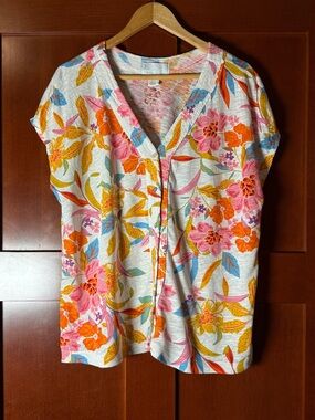 C&C California Linen Blend Button-Front Vibrant Tropical Floral Top Size 1X